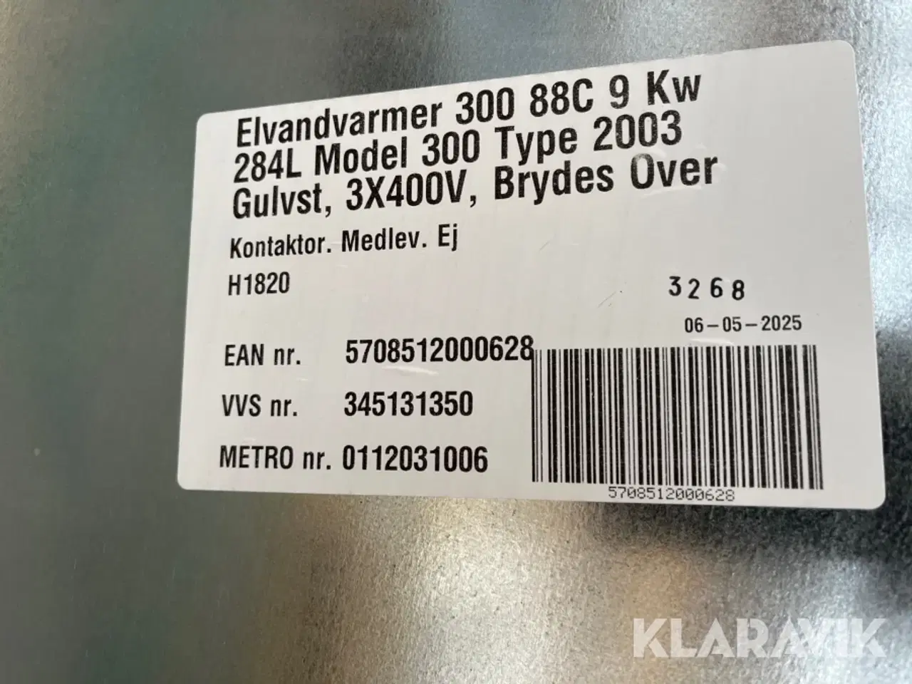 Billede 8 - El-Vandvarmer Metro Therm Type 2003 9kW - 300L