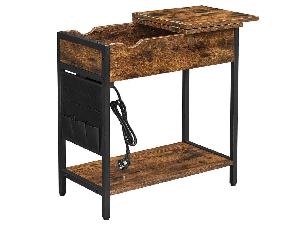 Billede 1 - Sofabord med stikkontakter sidebord, klapbord med hylde og stoflomme, vintage brun/sort