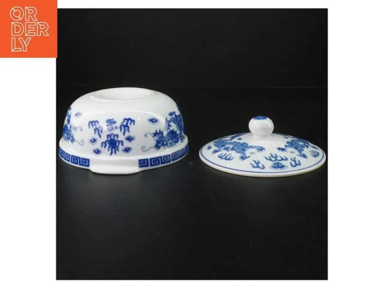 Billede 2 - Orientalsk  Blå og hvid porcelæns skål med låg (str. 17 cm)