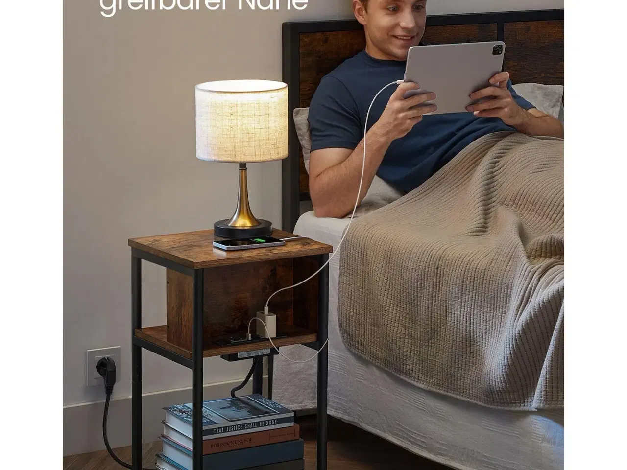 Billede 6 - Sengebord/sidebord med stik smalt, 2 AC + 2 USB, 30 × 34 × 58 cm, vintage brun/sort