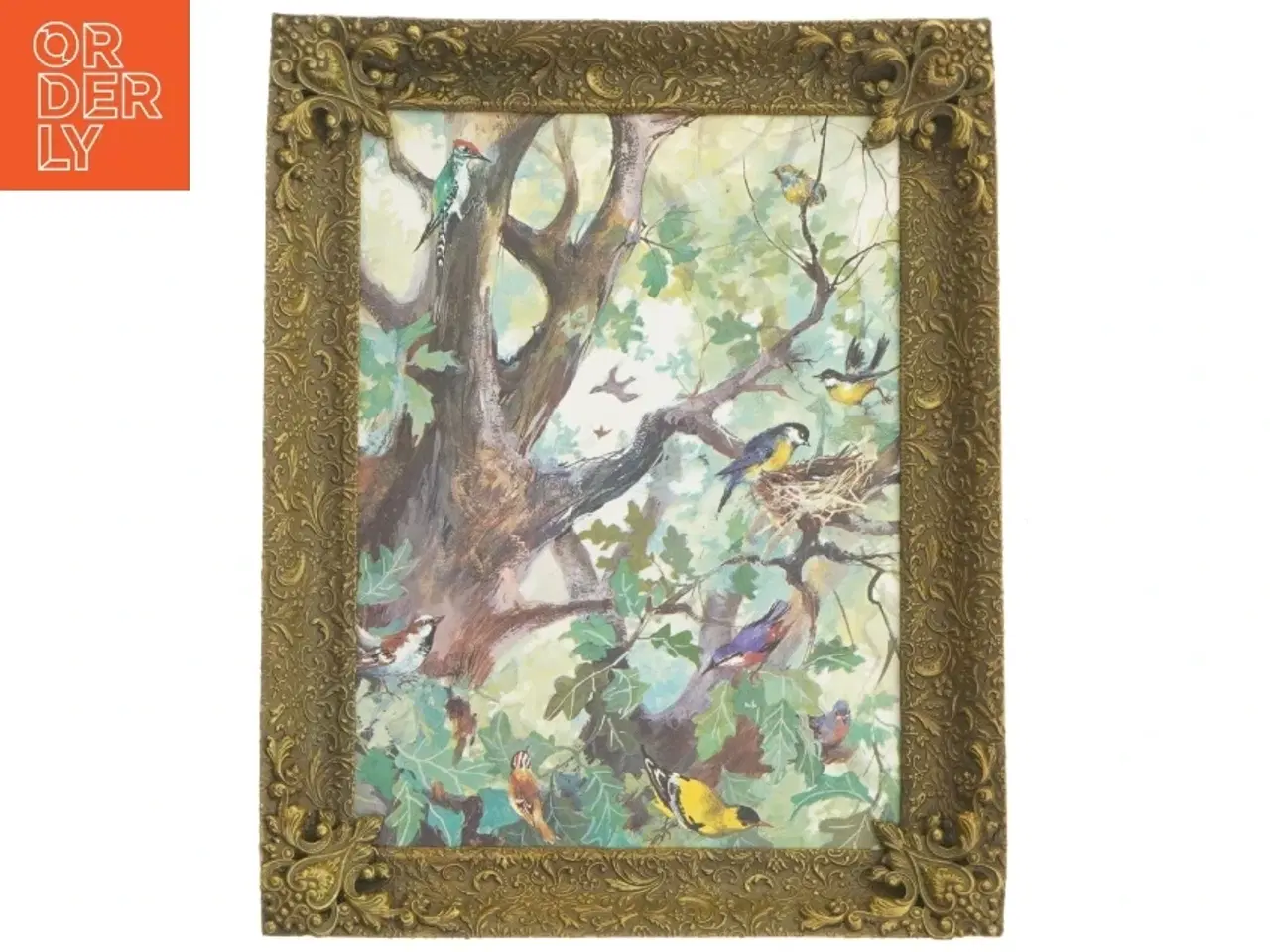 Billede 1 - Forgyldt maleri med fuglemotiv (str. 28,5x23 cm)