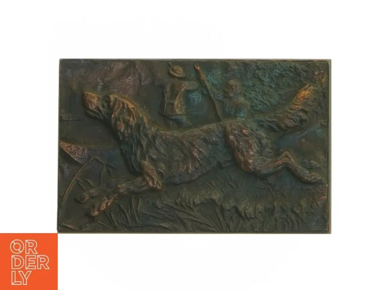 Billede 1 - Træ/metal æske med jagtmotiv relief (str. 16x10,5x4 cm)