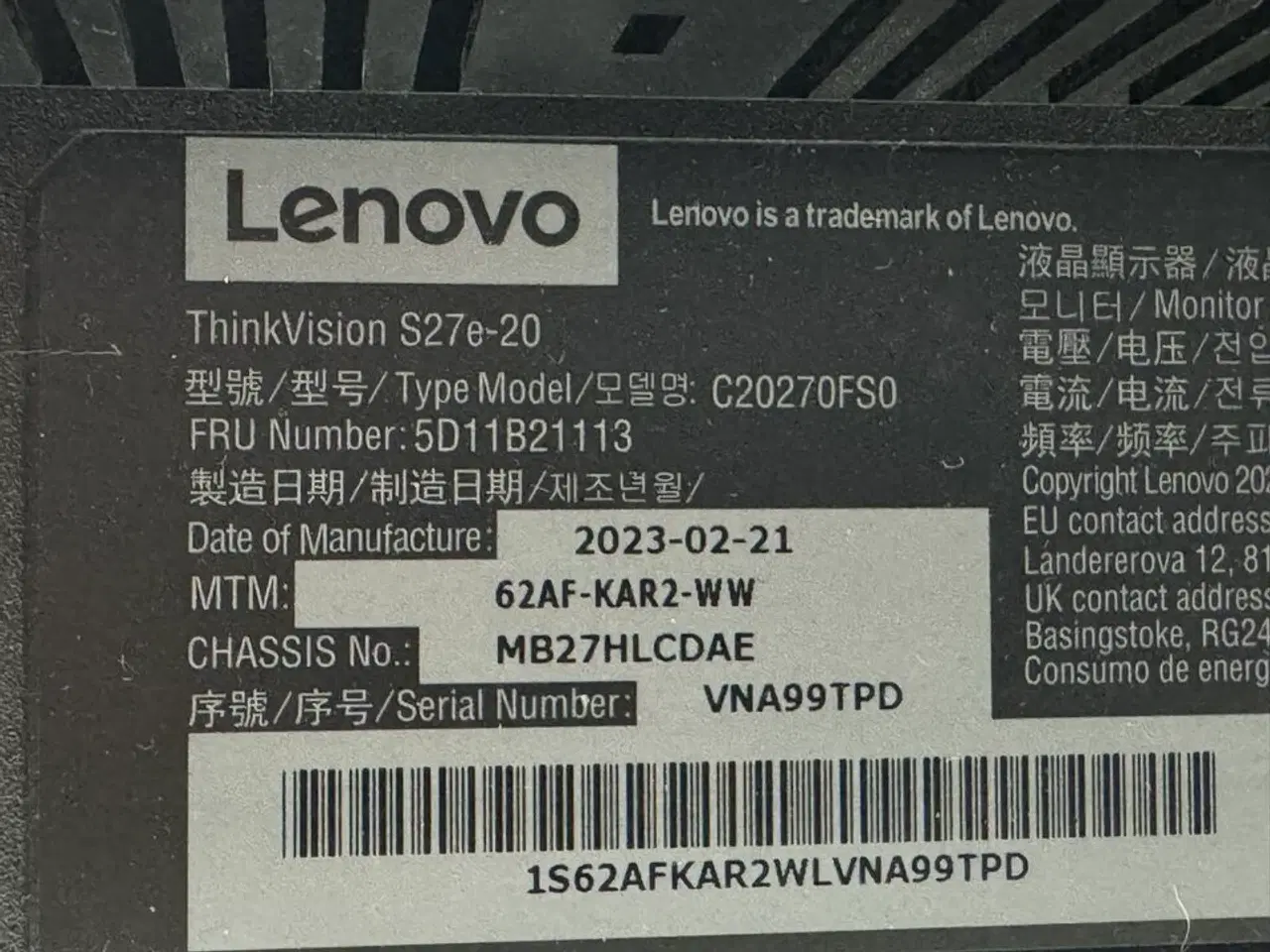 Billede 4 - 2 stk. Skærme, LENOVO Thinkvision S27e-20 inkl. Bordbeslag
