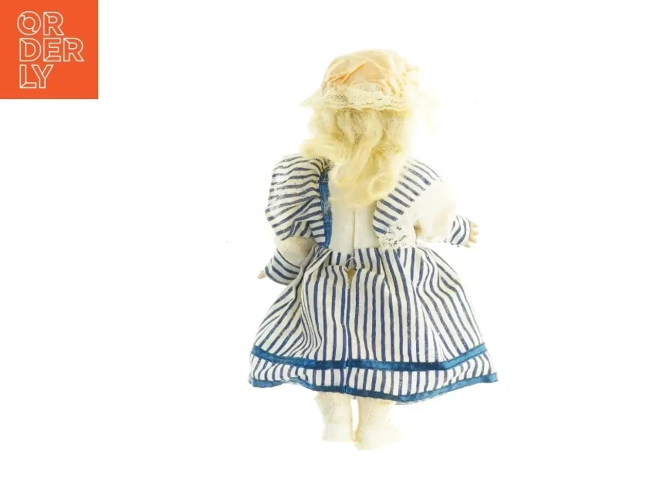 Billede 2 - Porcelænsdukke med blå-hvidt stribet kjole (str. 26 x 12 cm)