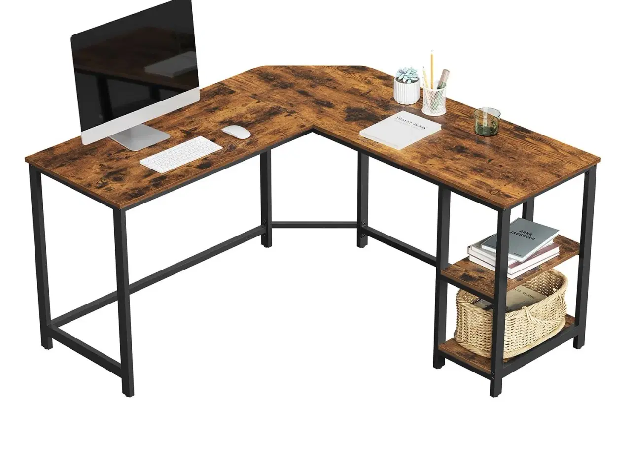 Billede 2 - Skrivebord i L‑form hjørneskrivebord med hylder, industriel rustik brun/sort