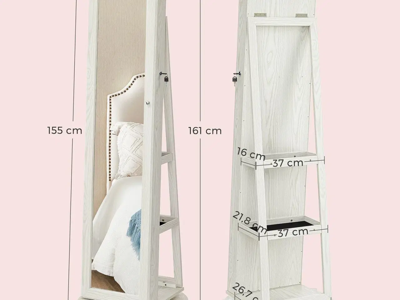 Billede 7 - Smykkeskab med spejl 360° fritstående, låsbart 3-i-1, hylder, kosmetikopbevaring, hvid med grå træstruktur