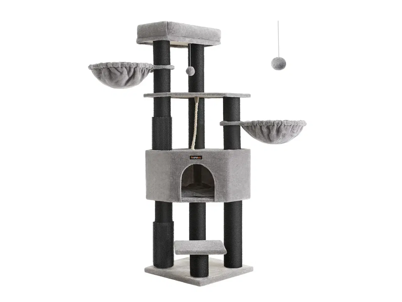 Billede 1 - Kattetræ til store katte – FEANDREA, robust kradsetræ med selvopvarmende puder, 2 selv-plejere, 9 kradsepæle, stor liggeplads, hule og kurve, 50 × 50 × 160 cm, duegrå/sort
