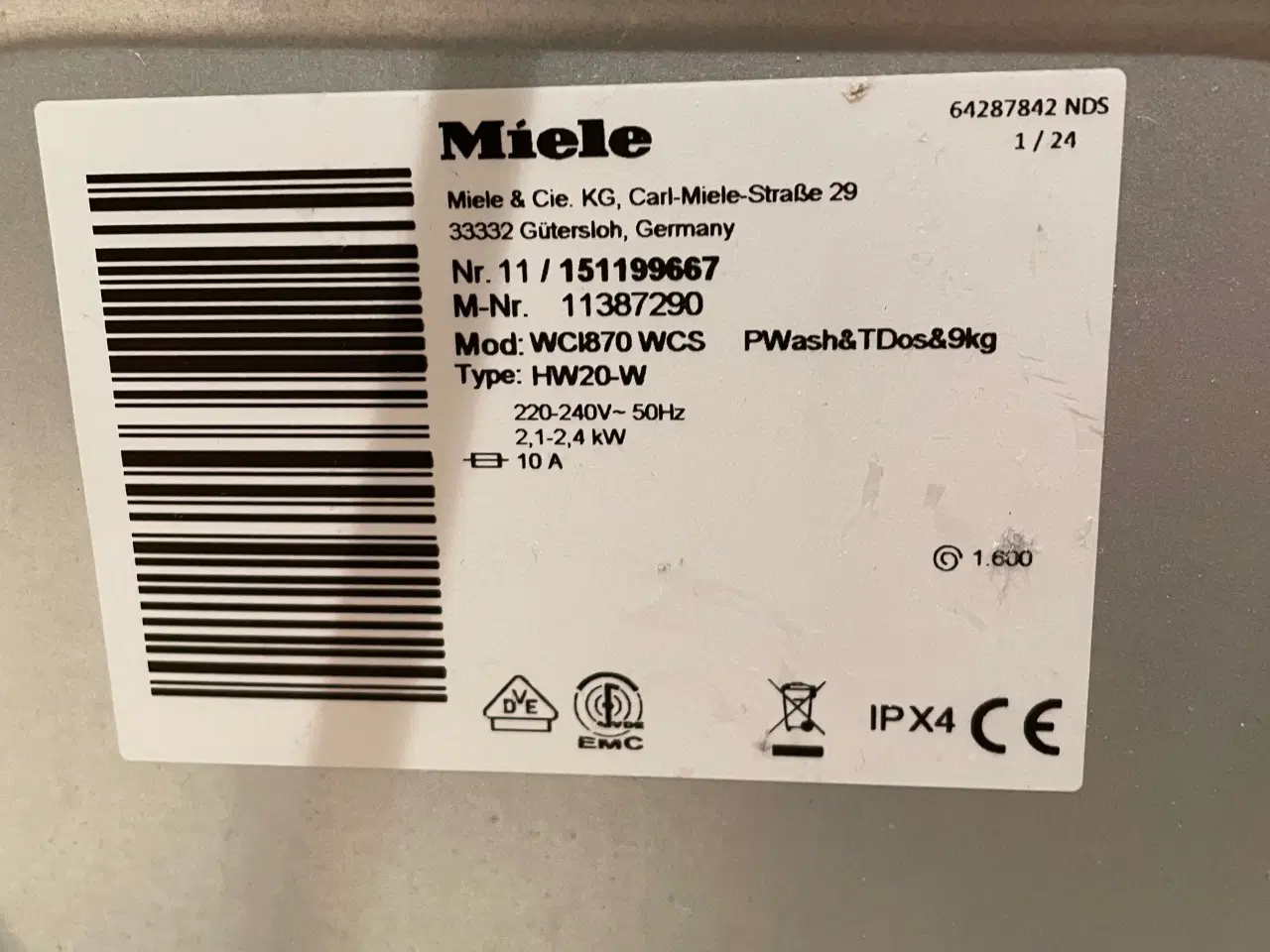 Billede 2 - Miele vaskemaskine 9 kg