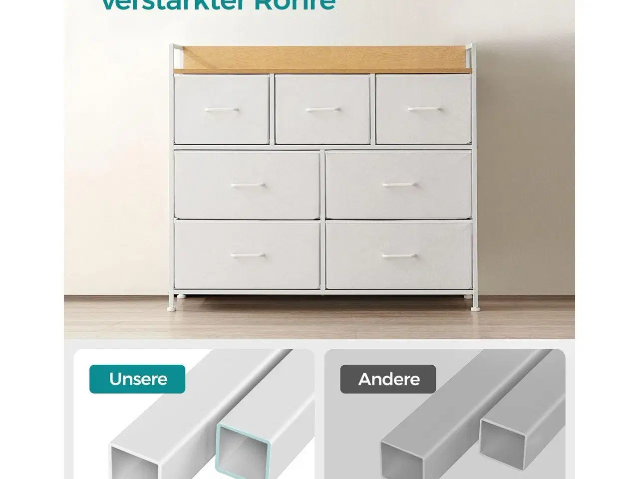 Billede 5 - Kommode med 7 skuffer stofskuffer, metalstel, hvid og træfarve