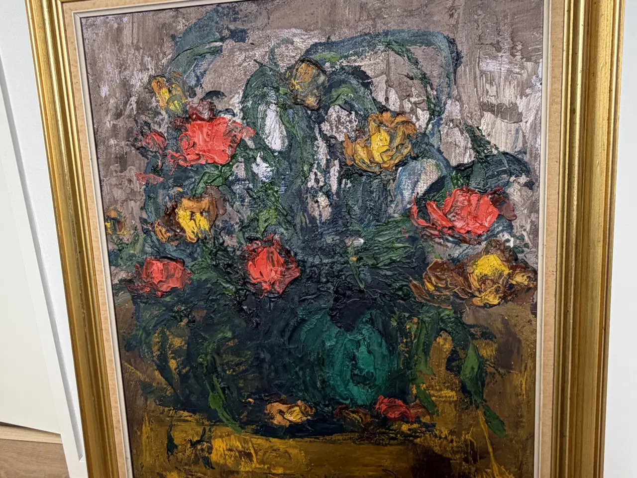 Billede 3 - Blomster maleri i kraftige farver med guldramme