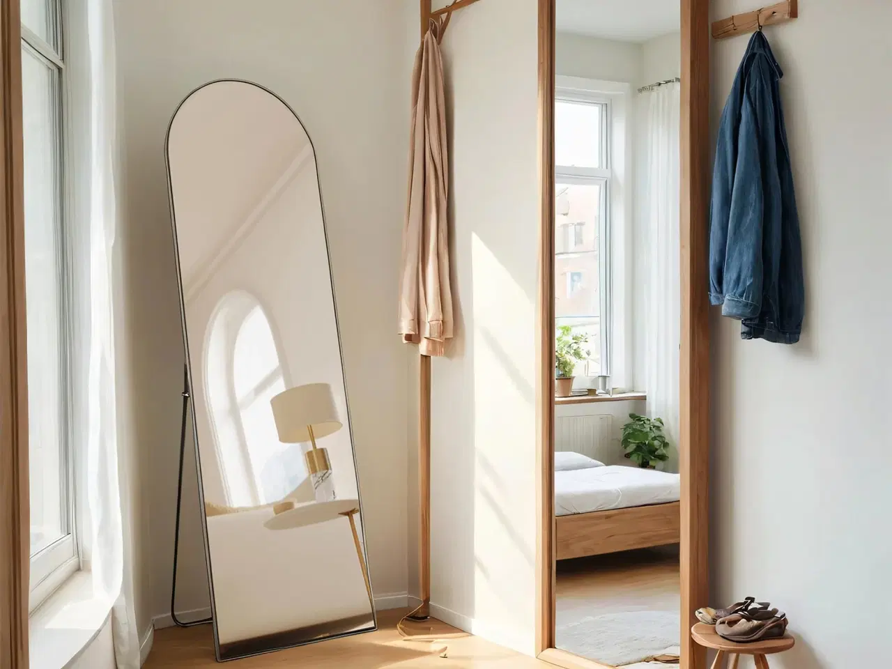 Billede 12 - Gulvspejl fuld længde 160 × 50 cm buet spejl med stander, hærdet glas, aluminiumsramme, Ink Black