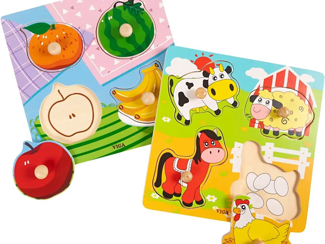 Billede 1 - VIGA Træpuslespil med Frugt og Dyr - 4 Brikker