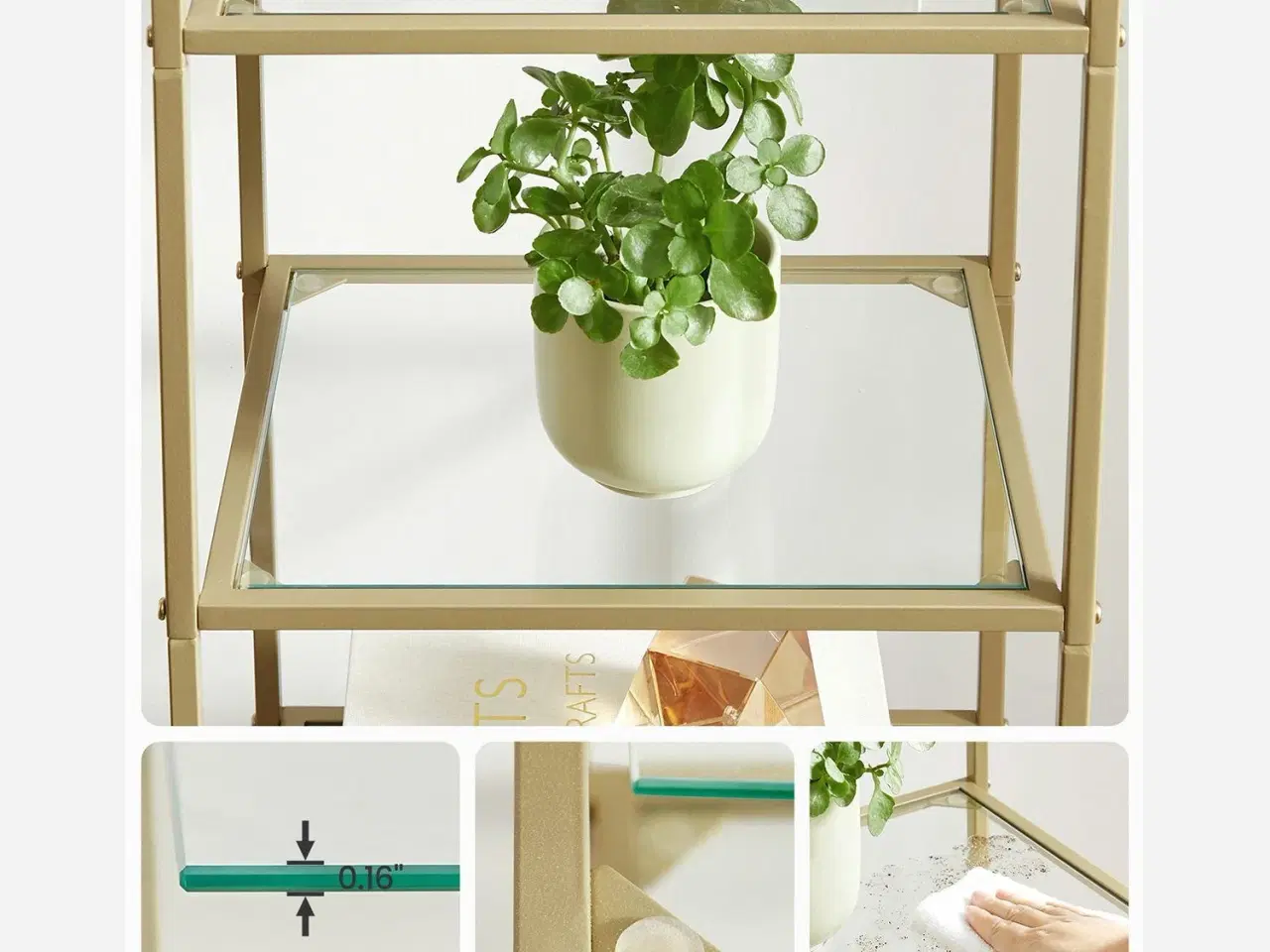 Billede 6 - Reol med glas 5‑etagers, slank stigereol i hærdet glas og stål, guld