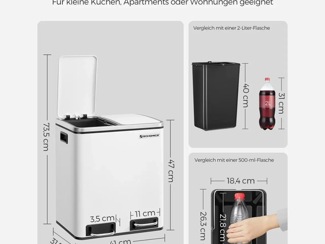 Billede 6 - Skraldespand til køkken 2 x 15 l – SONGMICS, stålfodpedal, soft close, hvid