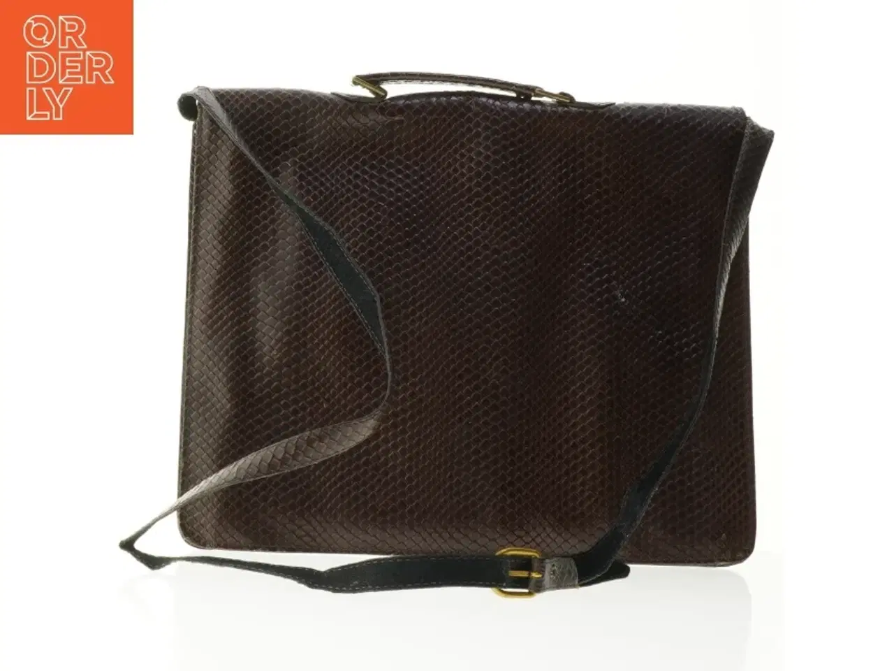Billede 3 - Brunt skind skuldertaske (str. 36 x 30 cm.)