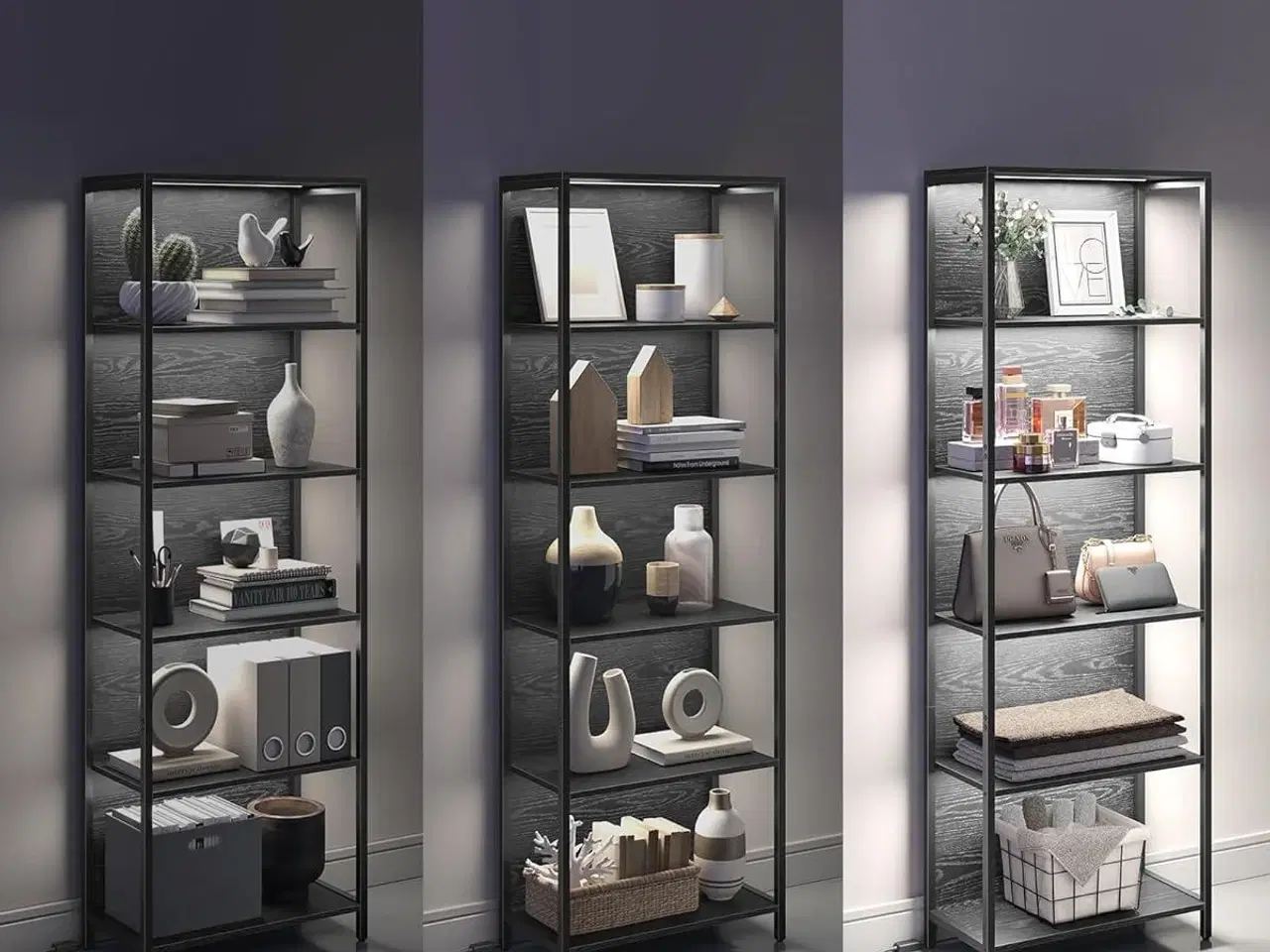 Billede 5 - Bogreol med LED lys 6 hylder, 30,3 × 60 × 178,6 cm, ibenholt-sort