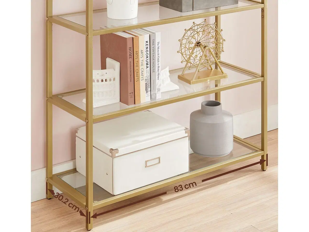 Billede 4 - Reol med 5 hylder – VASAGLE, hærdet glas og stål, buet design, gylden (LGT050A01)