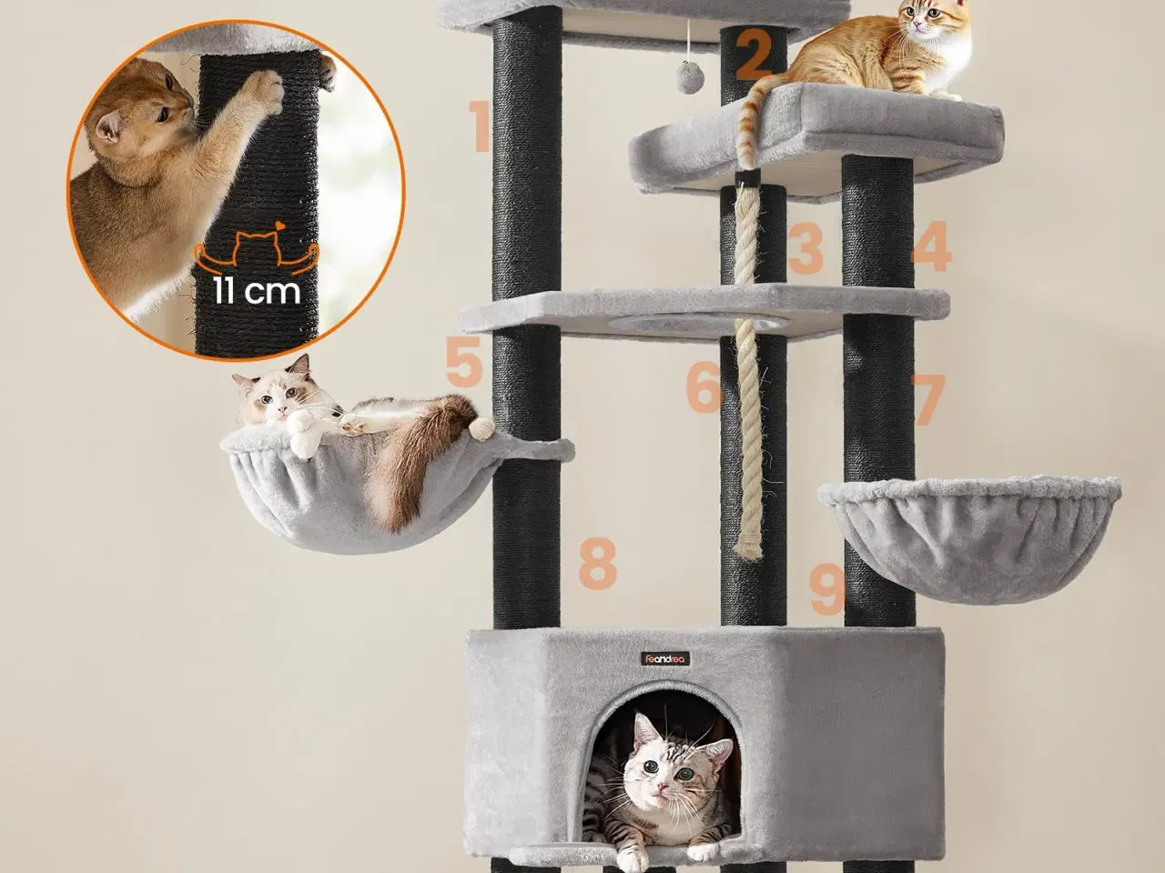 Billede 3 - Feandrea stort kattetræ XXL – multietagers kradsetræ 55 × 55 × 186,7 cm, grå/sort (PCT008G02)