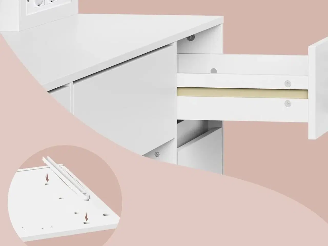 Billede 7 - Makeupbord med spejl og LED – Kailyn, 2 skabe, 3 skuffer, 5 hylder, 9 dæmpbare pærer, skydebeslag uden værktøj – cloud hvid