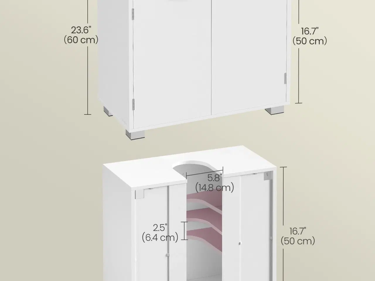 Billede 6 - Underskab til håndvask med 2 rum – passer til forskellige håndvaske, justerbar hylde, med ben, 30 × 60 × 60 cm – skyhvid