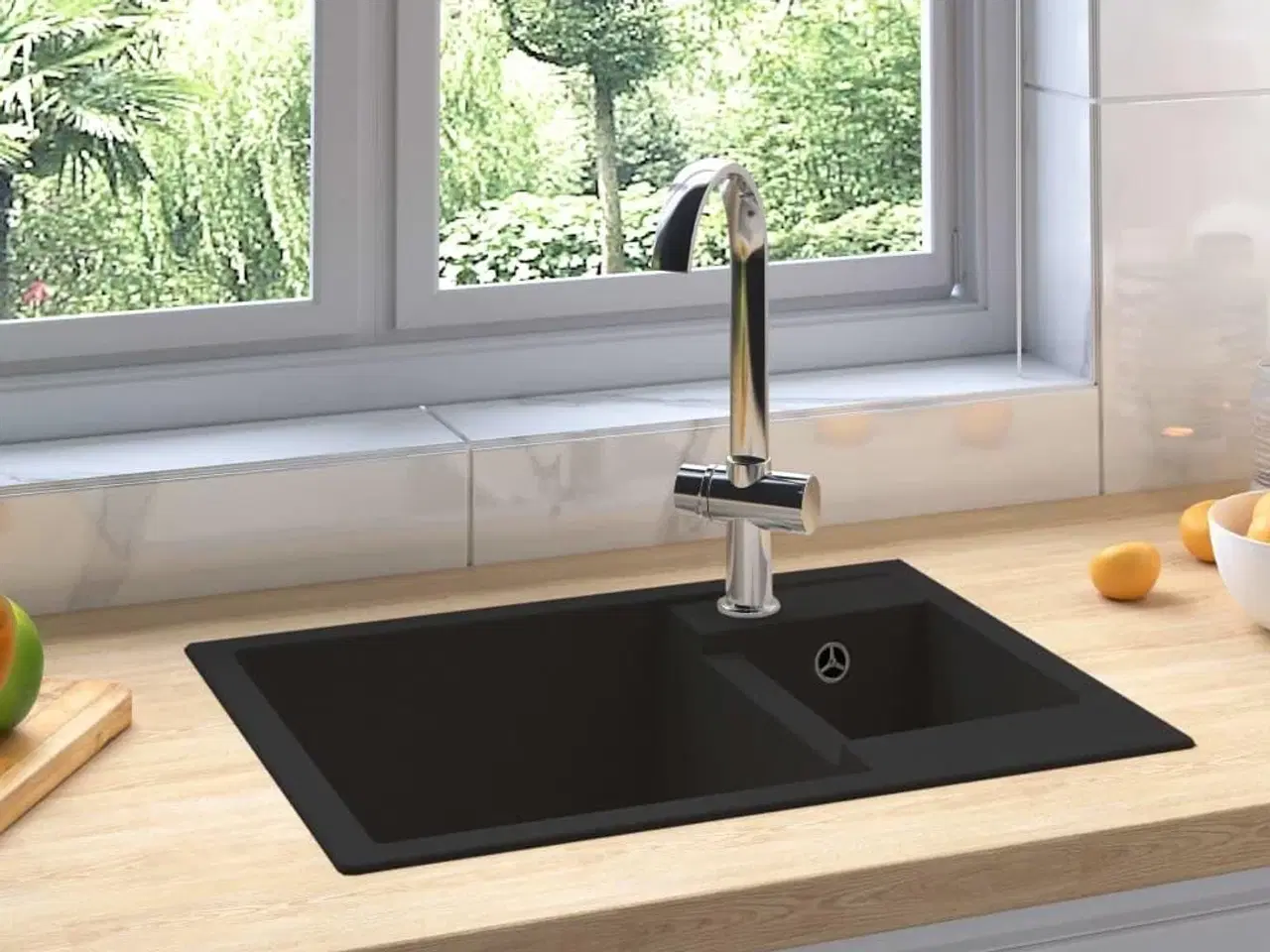 Billede 1 - Dobbelt køkkenvask med overløbshul granit sort