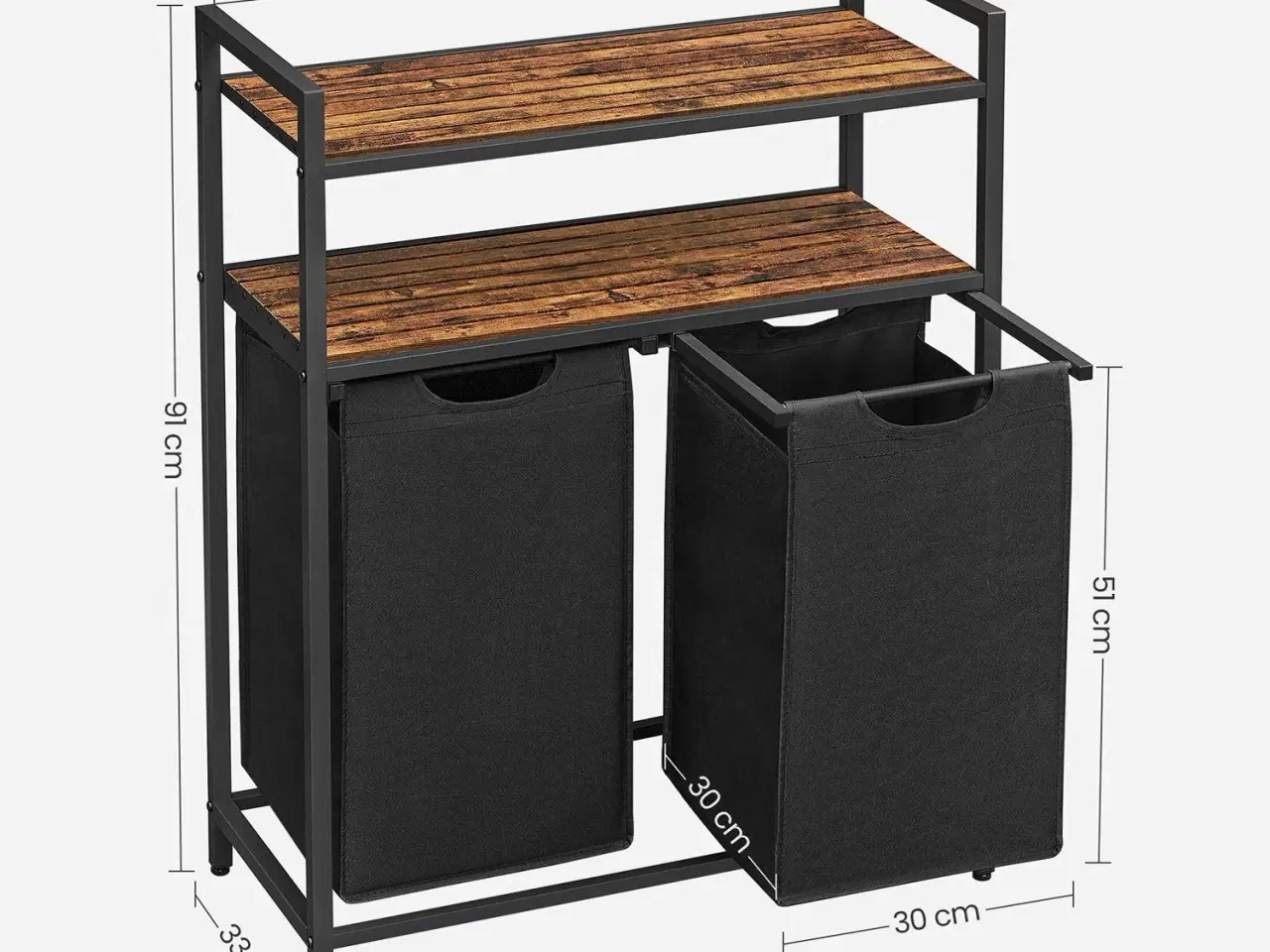 Billede 7 - Vasketøjskurv med hylder dobbelt vasketøjssorterer, 2 udtagelige poser á 46 l, 2 opbevaringshylder, rustik brun/sort