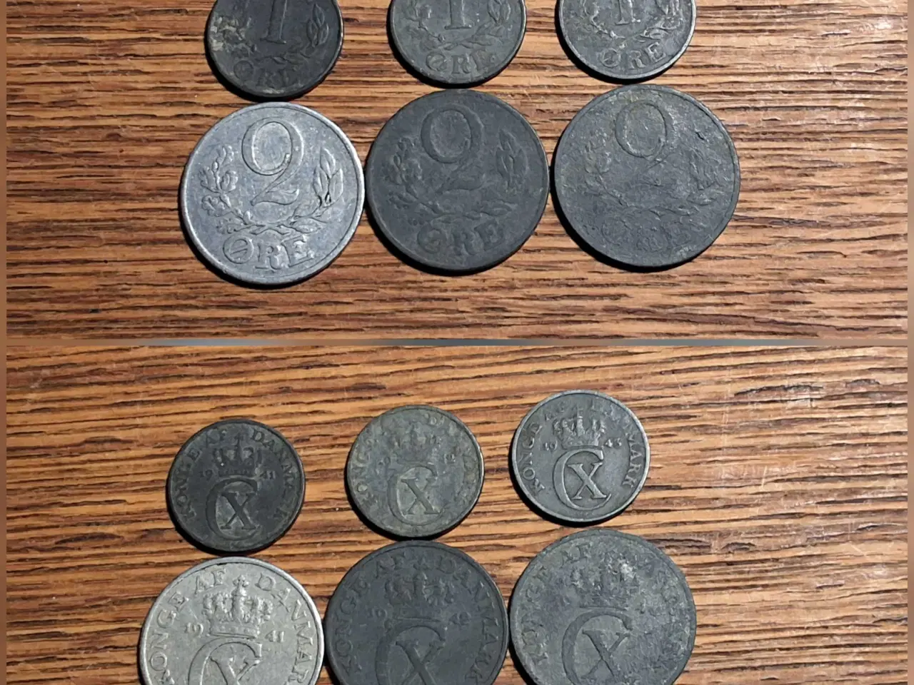 Billede 1 - Danmark, mønter. CHR. X 3x1 ØRE + 3X2 ØRE