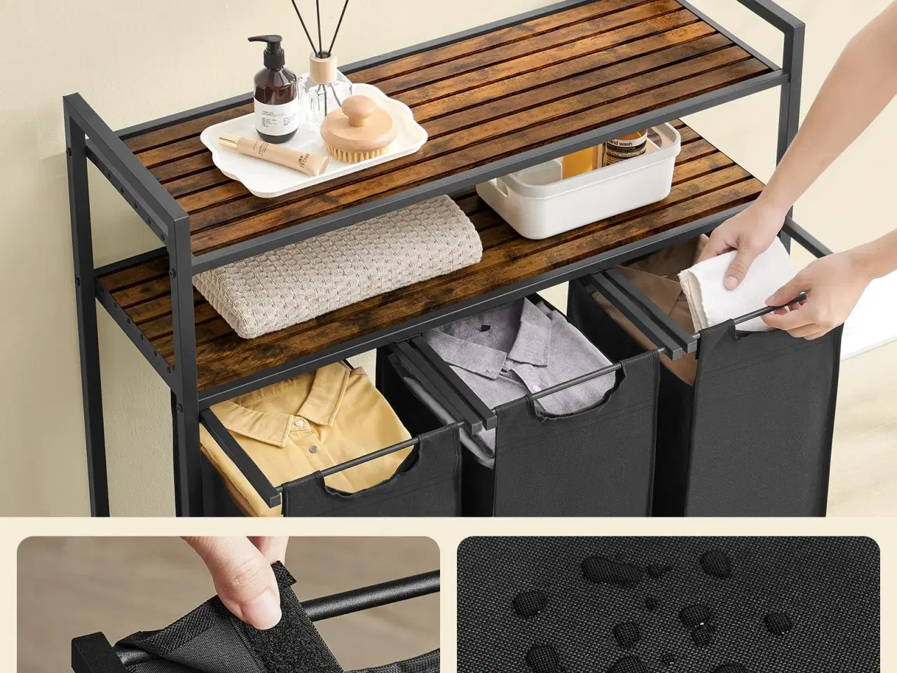 Billede 3 - Vasketøjssorterer med 3 udtagelige poser og 2 hylder – rustik brun/sort, 40 l pr. pose
