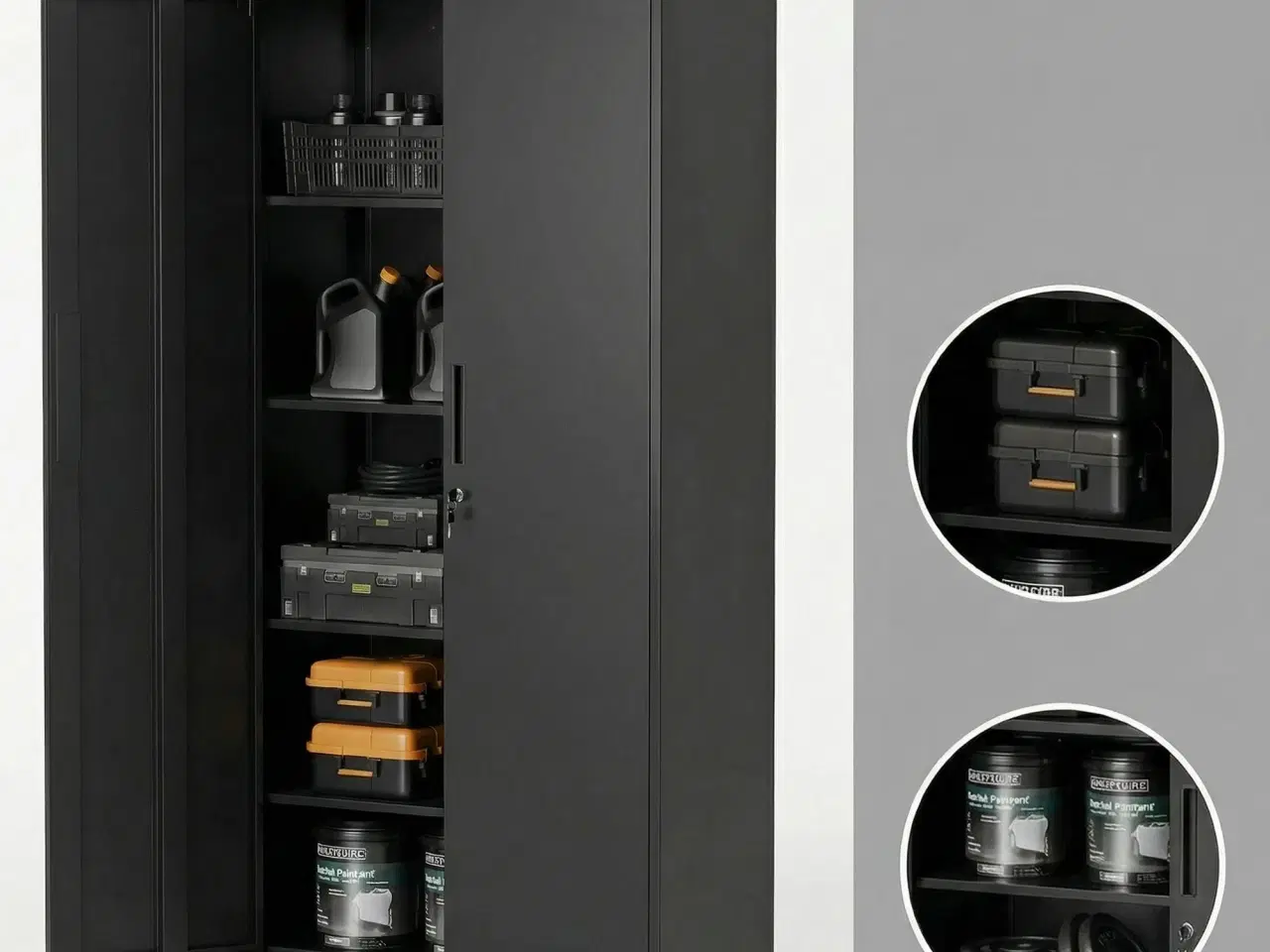 Billede 7 - Stål opbevaringsskab med lås – 4 justerbare hylder, dobbeltlåger, sort (80 × 180 × 40 cm)
