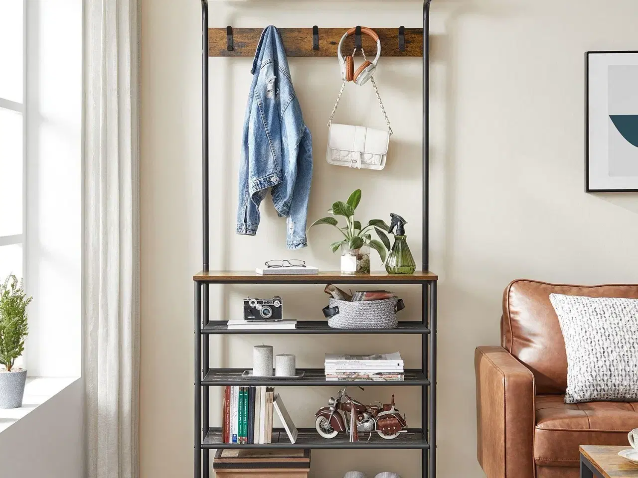 Billede 3 - Tøjstativ med skohylde hall tree, 5 niveauer, 5 dobbelte kroge, tophylde, industrielt look, rustik brun/sort (HSR408B01)