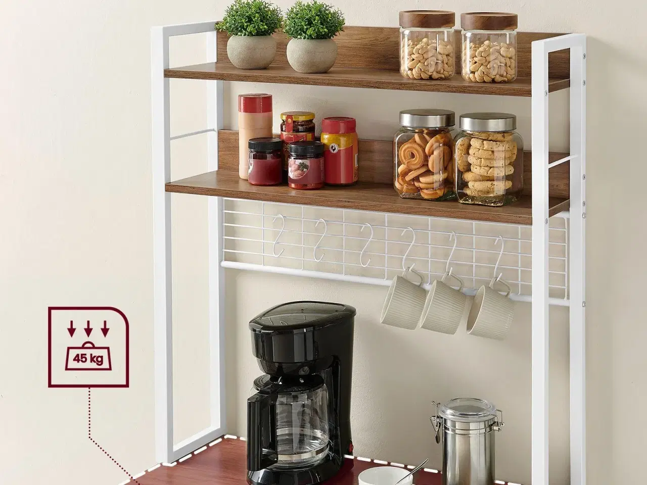 Billede 7 - Køkkenreol med stikdåse mikrobølgeovnshylde med gitter, 14 kroge, 40 × 80 × 170 cm, vintage brun/hvid