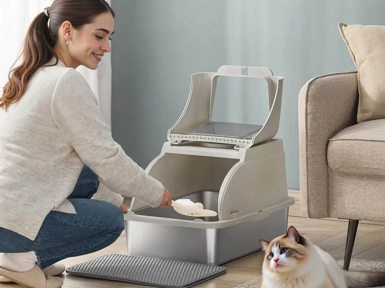 Billede 2 - Feandrea kattebakke i rustfrit stål med flip-låg, XL – lækagesikker, dobbelt indgang, inkl. skovl, børste og måtte – cappuccino beige