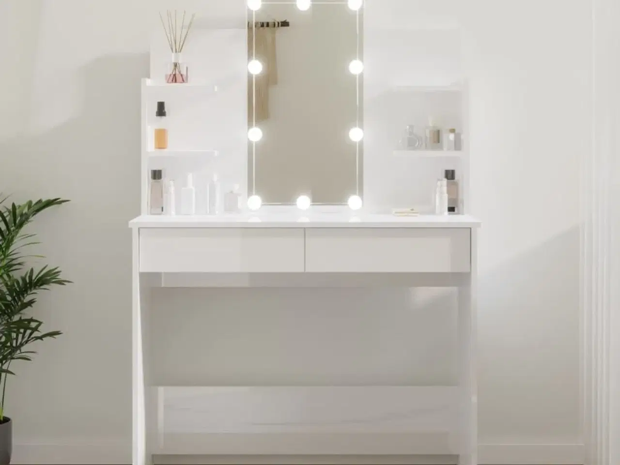 Billede 1 - Makeupbord med LED-lys 96x40x142 cm hvid højglans