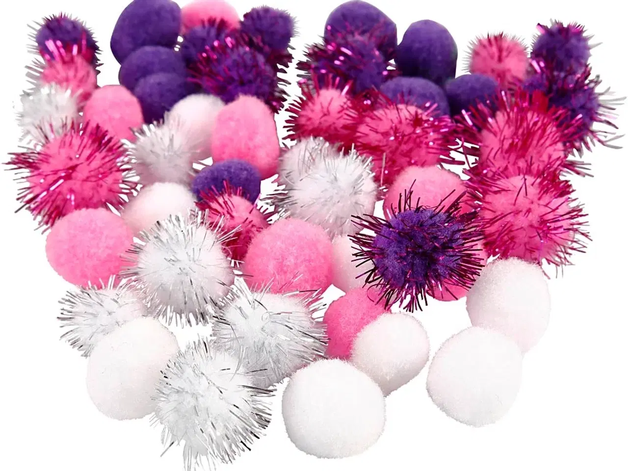 Billede 1 - Farverige Pomponer 15+20 mm - 48 stk. i Lilla, Lyserød, Hvid