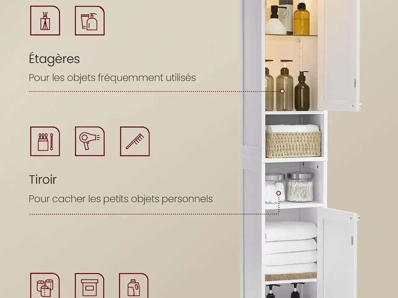 Billede 5 - Højt og smalt badeværelsesskab med lys – justerbare hylder, åbne rum, til små badeværelser, moderne, cloud hvid (BBC566W03)