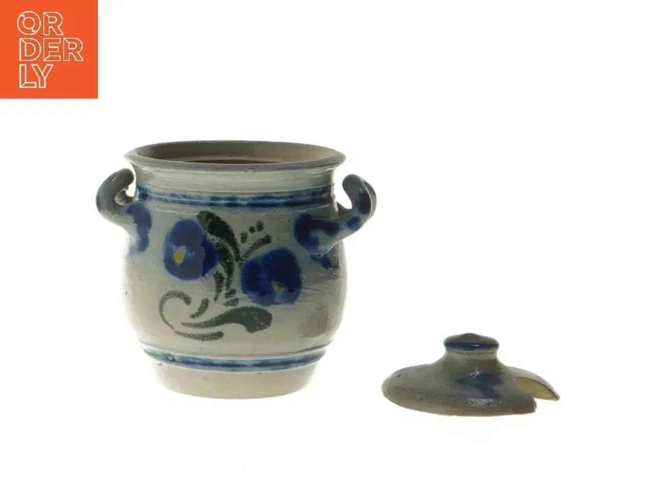 Billede 3 - Keramik krukke med låg og dekor (str. Ø 6,5 cm længde 7,5 cm)