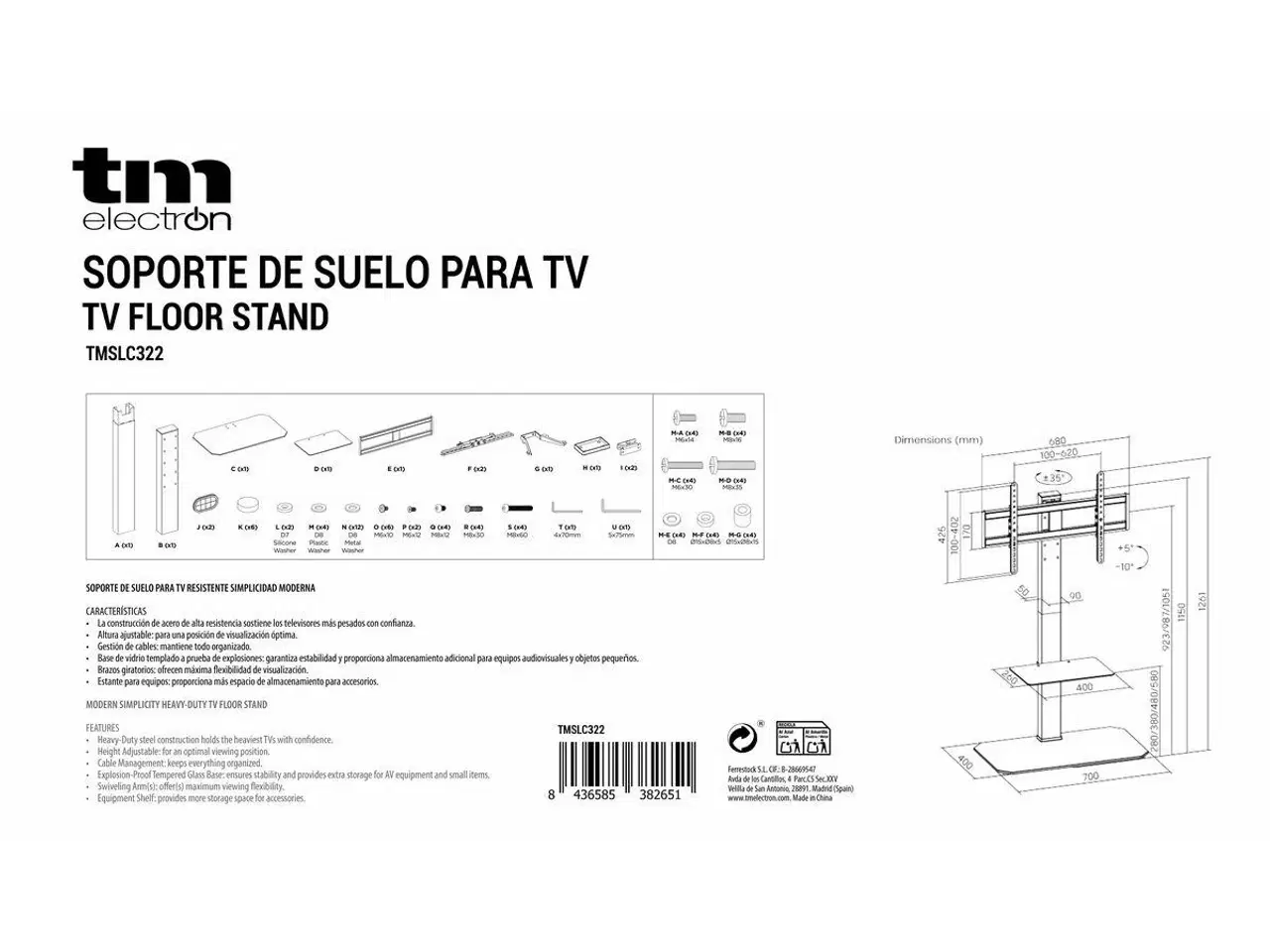 Billede 2 - TV gulvstativ TM Electron 43"-86" - op til 60 kg, sort