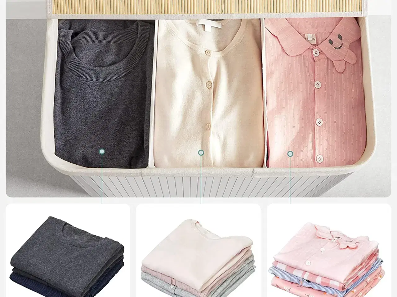 Billede 5 - Vasketøjskurv med låg 3 rum, 150 l, sammenklappelig, hvid