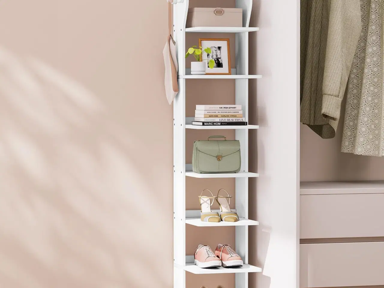 Billede 3 - Smal skoreol med 9 hylder – mat hvid, pladsbesparende skoopbevaring til entré og små rum