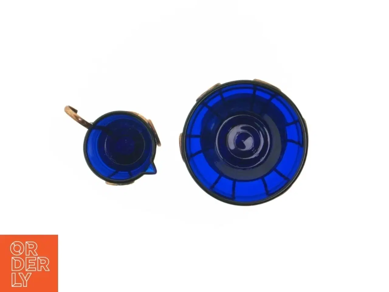 Billede 2 - Sukkerskål og  flødekande Blå glas og kobberkramersæt (str. 8 cm. ø. 10 cm. og. ø. 5 cm)