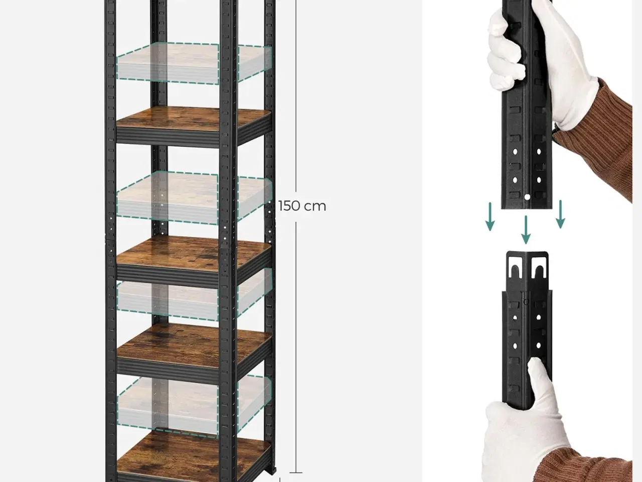 Billede 7 - Reolsystem metal med trælook 37×37×150 cm 5 hylder, justerbar, 400 kg samlet belastning, rustik brun/sort