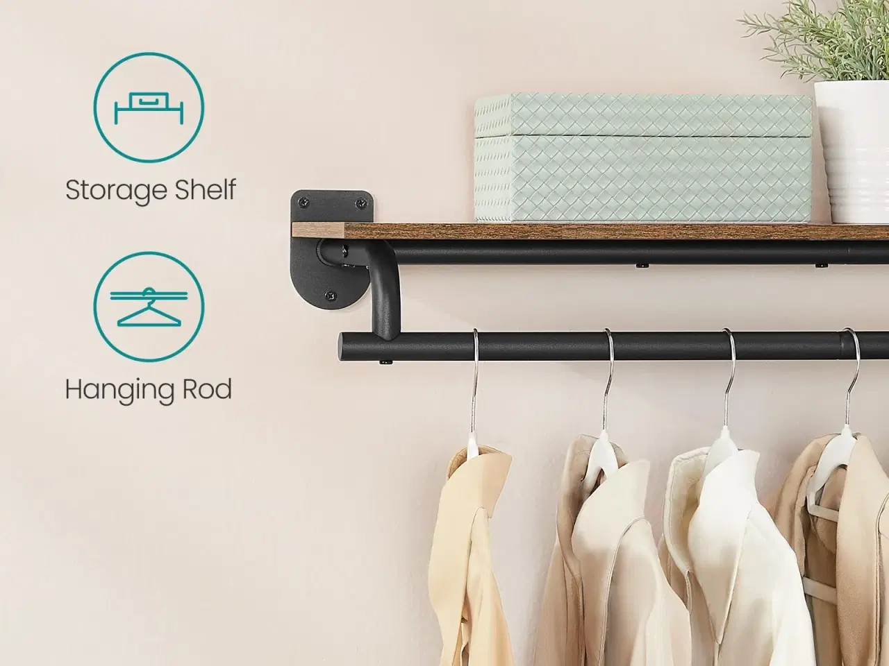 Billede 3 - Vægmonteret tøjstativ med hylde – 28 × 109 × 13,2 cm, rustik brun/sort, bæreevne 35 kg