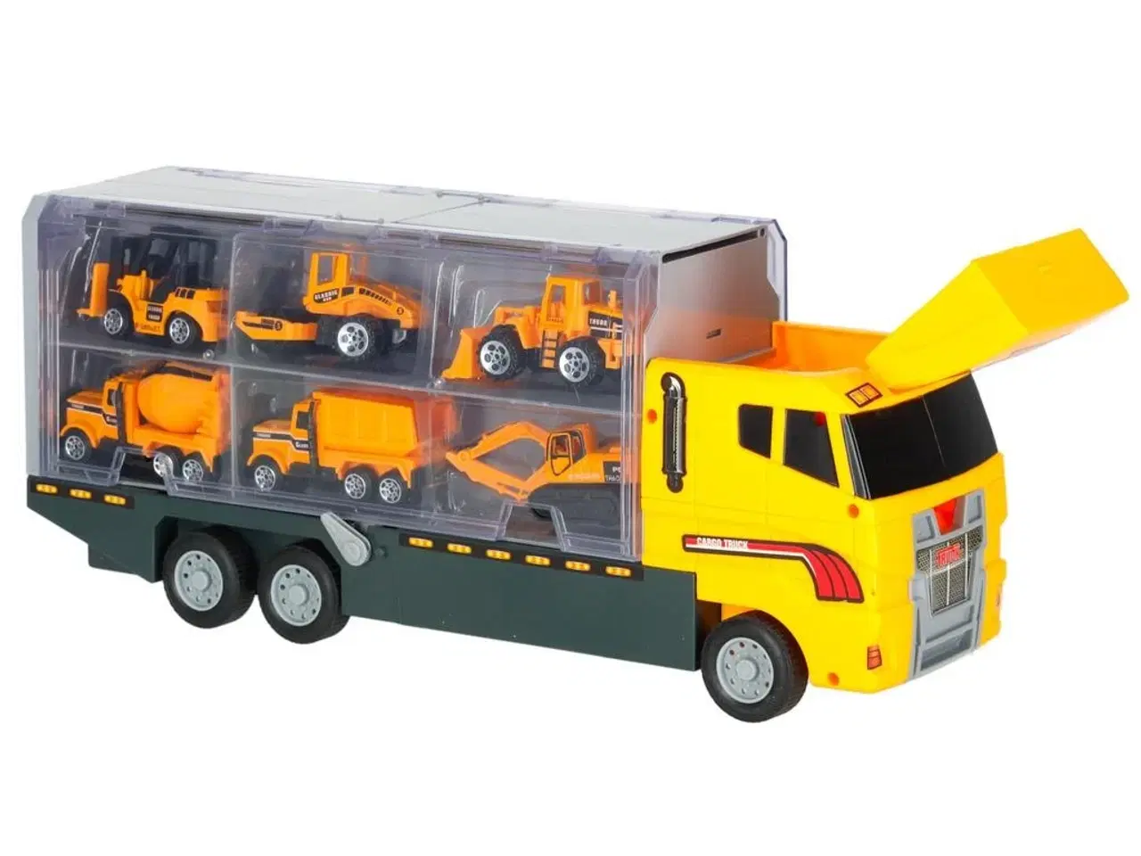 Billede 8 - Legetøjslastbil transporter med affyringsrampe + 6 metal byggemaskiner
