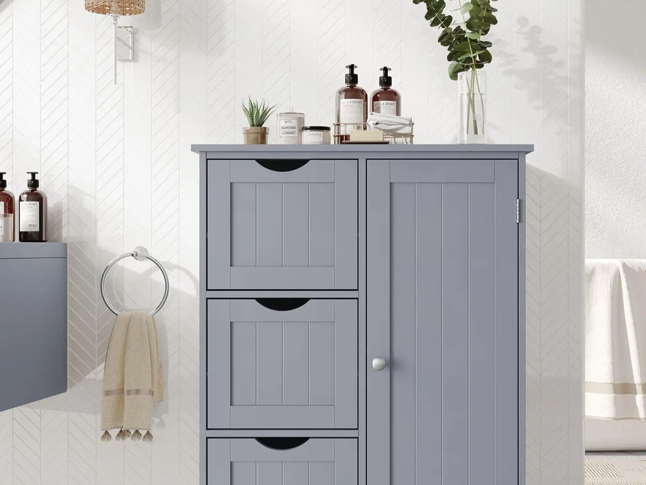 Billede 2 - Badeværelsesskab gulv – VASAGLE, 3 skuffer, justerbar hylde, fritstående, 30 × 60 × 80 cm, duegrå