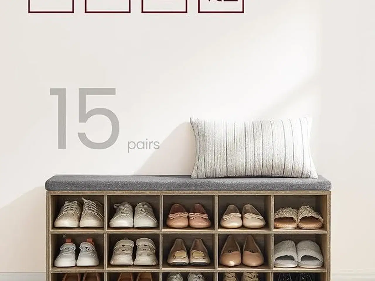 Billede 7 - Skobænk med opbevaring 15 rum, hynde, eg med blå årer/grå, 30 × 105 × 48 cm