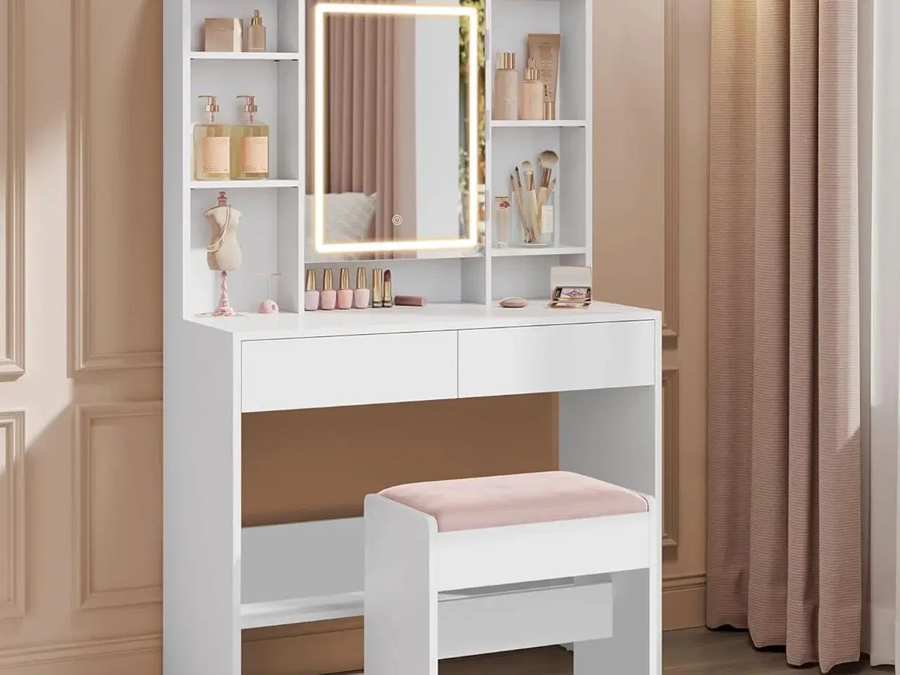 Billede 6 - Makeupskammel polstret velvet, skridsikre fødder, mat hvid/pastelrosa