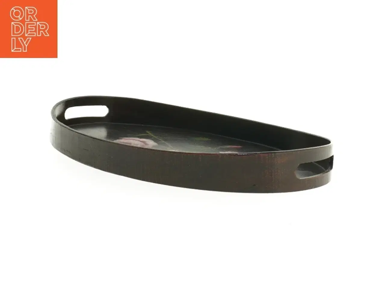Billede 2 - Oval træbakke med blomstermotiv (str. 41,5 x 27 x 4,5 cm)