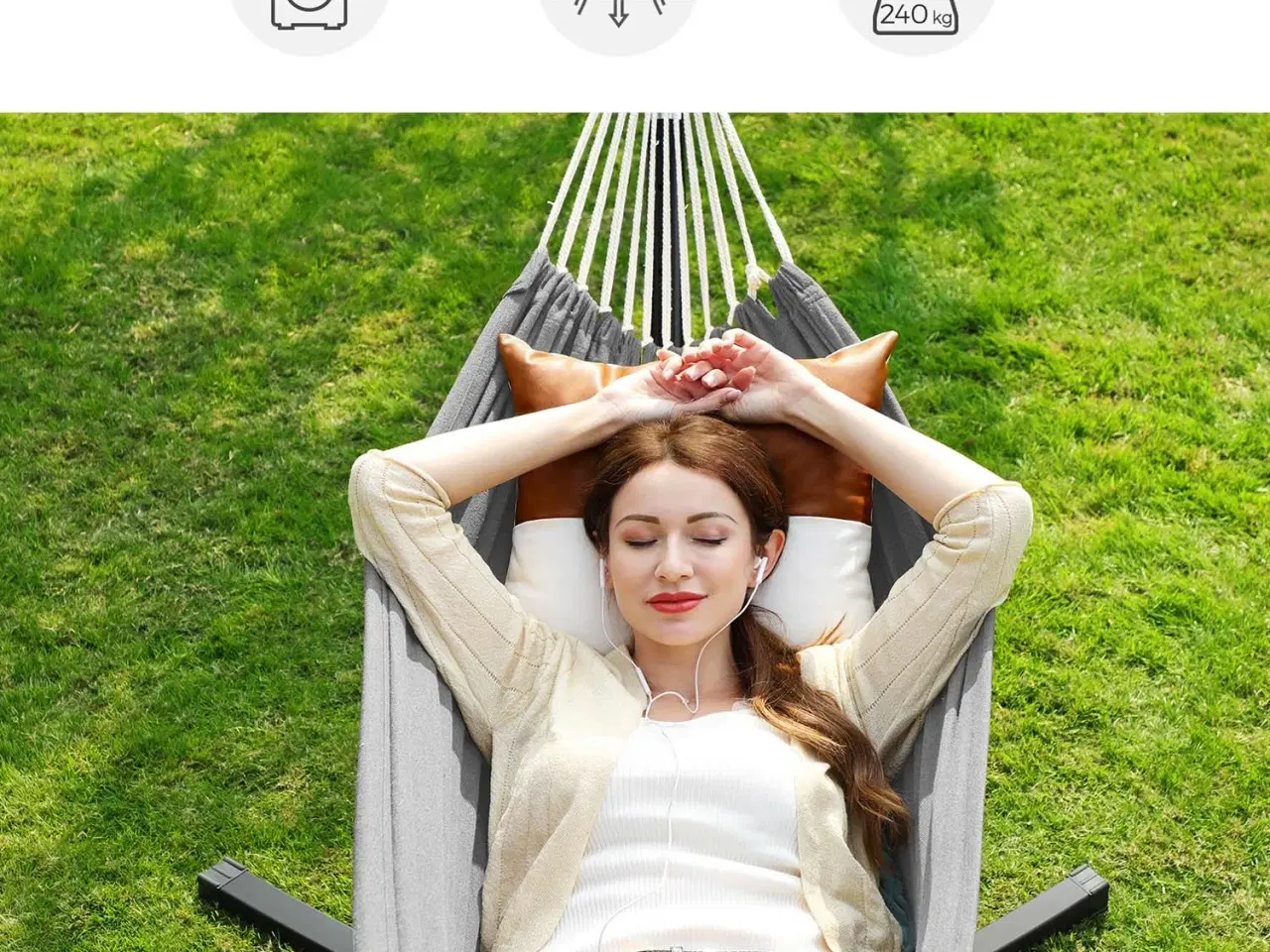 Billede 4 - Hængekøje med stativ 210 × 150 cm – 5 højder, metalstativ, kapacitet 240 kg, sort stativ/grå hængekøje