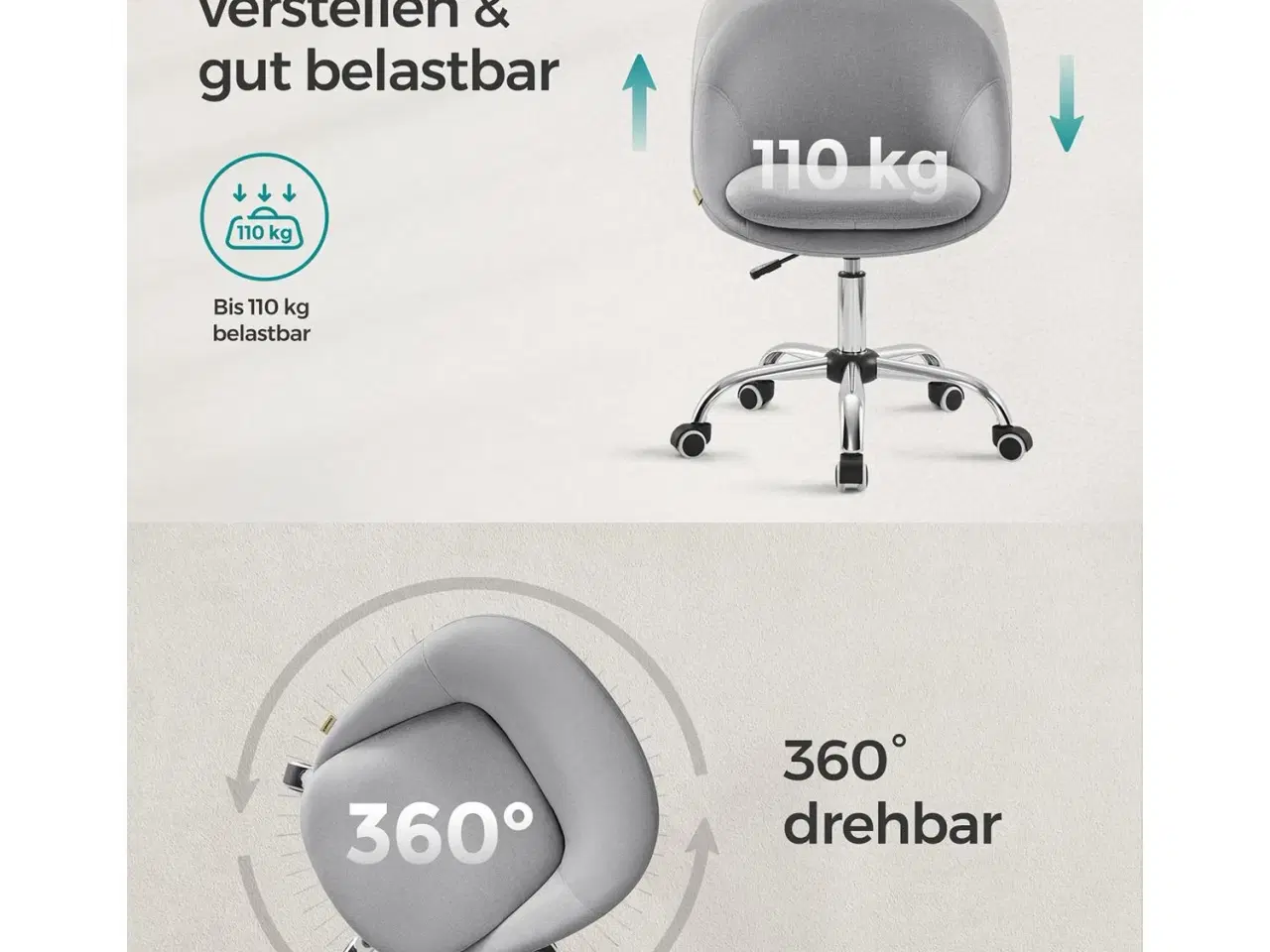 Billede 5 - Kontorstol SONGMICS – drejestol uden armlæn, højdejusterbar, grå