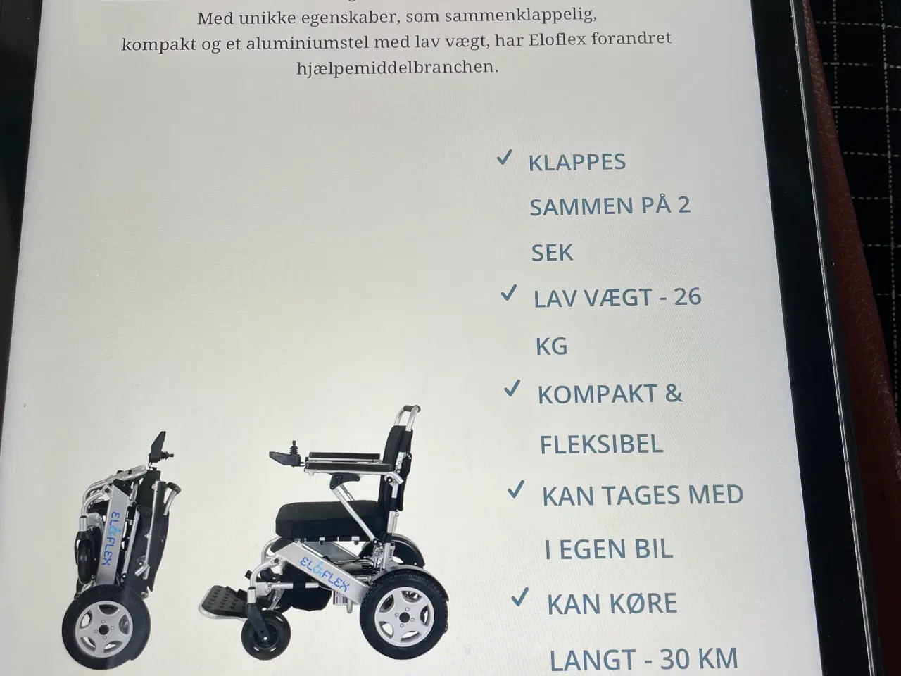 Billede 8 - El kørestol ELOFLEX kan klappes sammen evt deles 